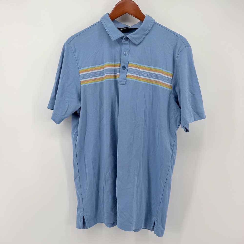 TravisMathew Large Coral Beds Polo Shirt Blue Graphic Chest Stripe Cotton Blend